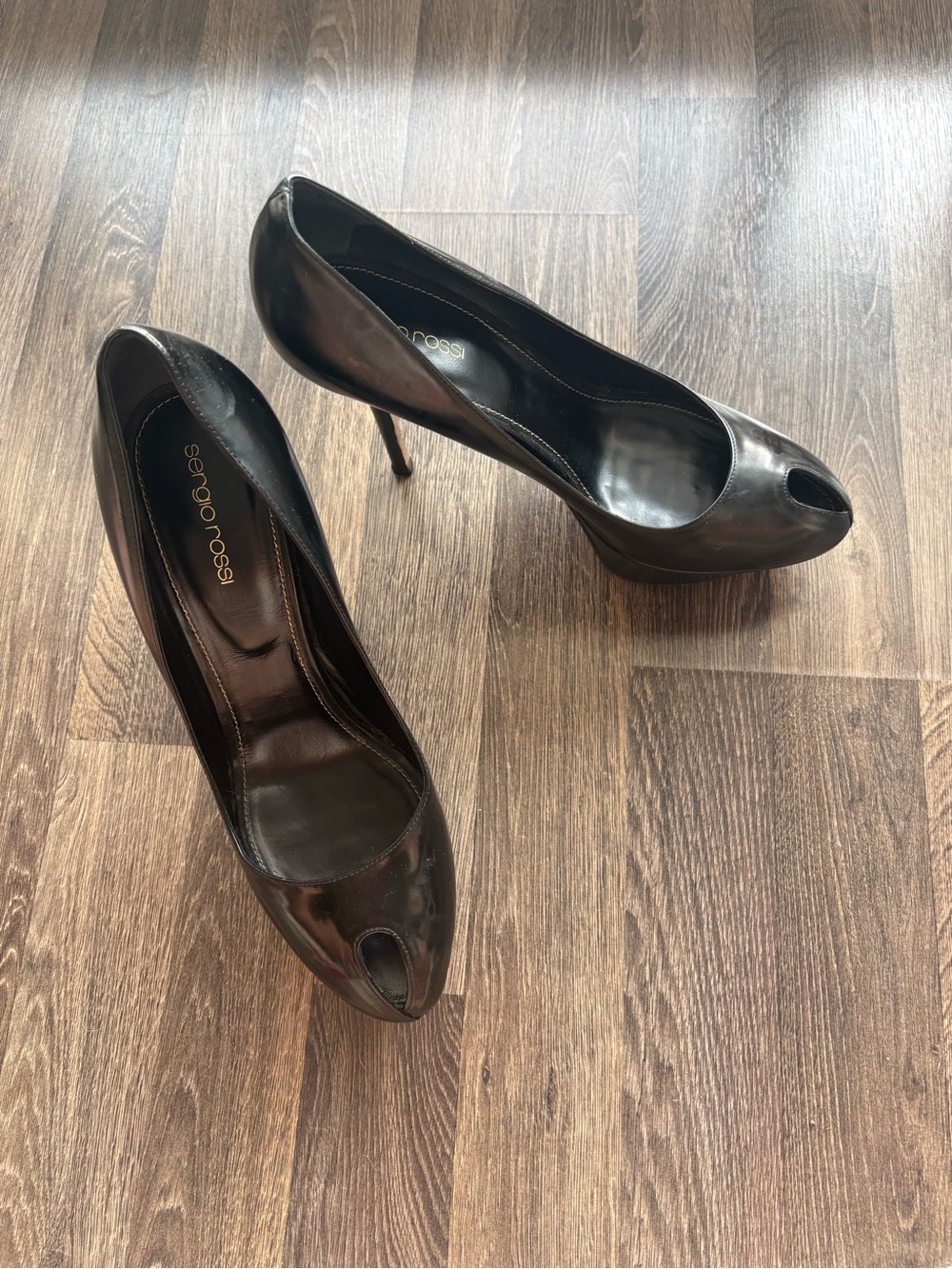 Sergio Rossi Black Patent Peep-Toe Stiletto Pumps
